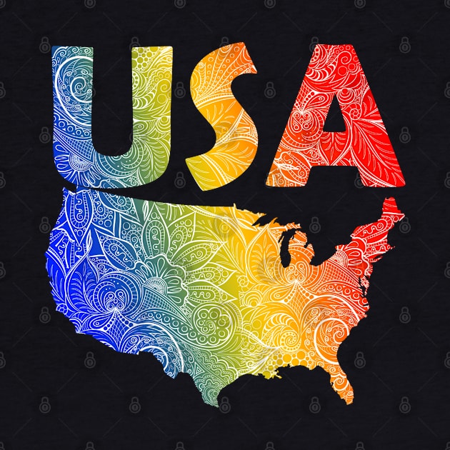 Colorful mandala art map of the United States of America with text in blue, yellow, and red by Happy Citizen